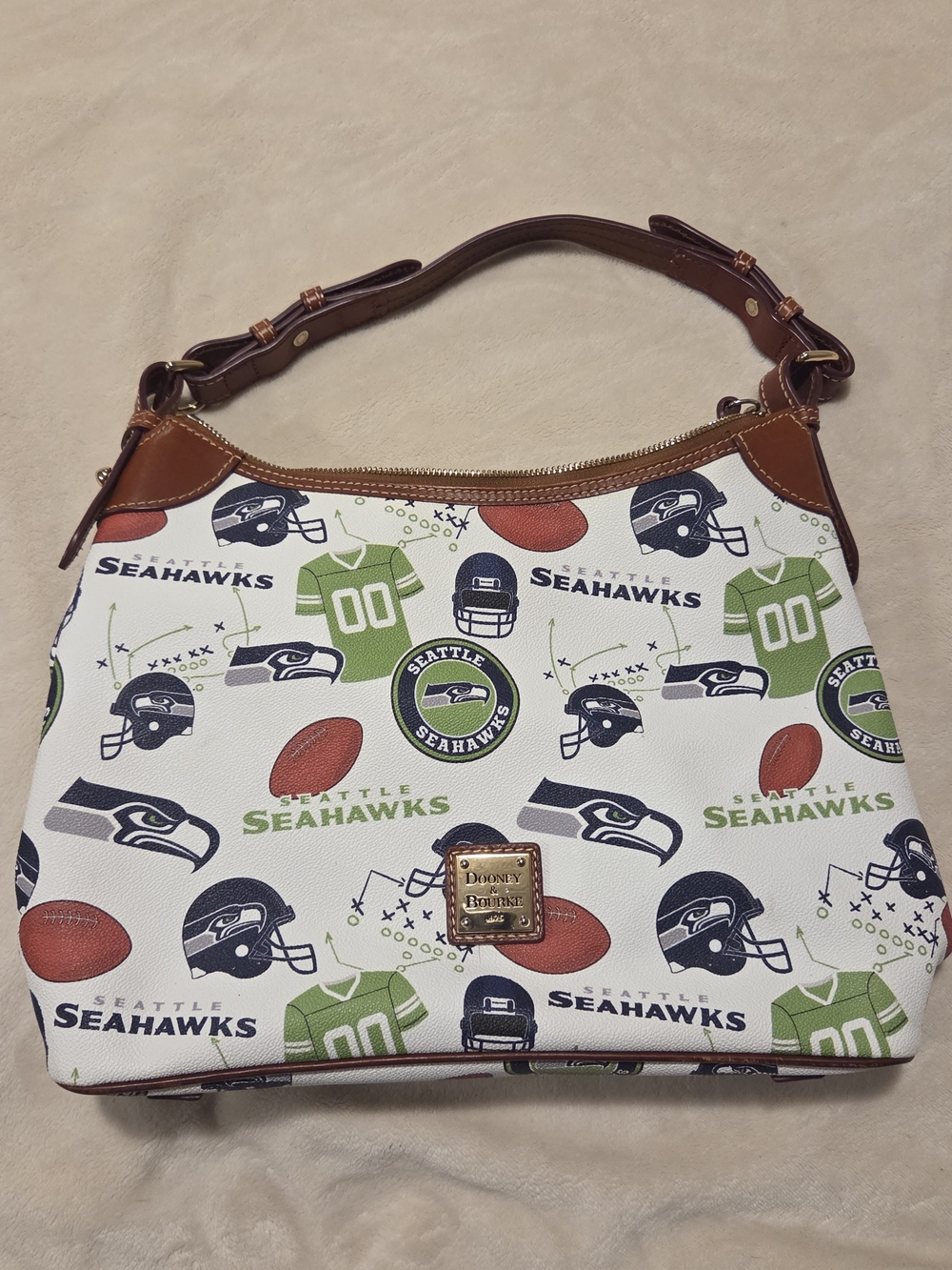 Dooney & Bourke White Seahawks Print Shoulder Bag with Brown Trim